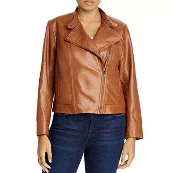 Michael Kors Women Luggage Real Leather Brown Moto Jacket Plus Size 1X NWT $260 - Picture 1 of 16